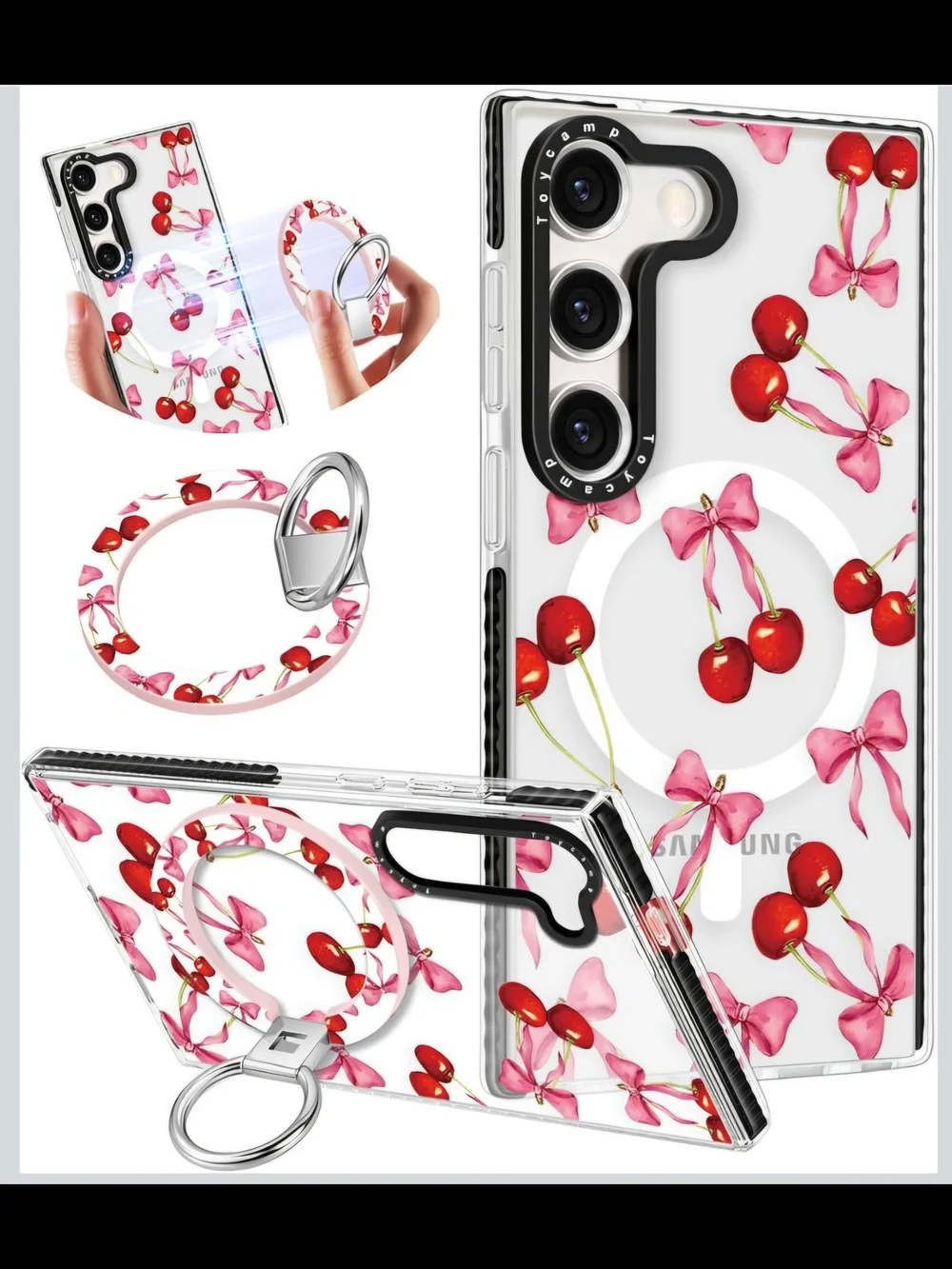 Samsung Clear Cherry Print Phone Case with Ring Holder - Red & Pink